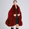 Faux rabbit fur collar knit cardigan poncho in vibrant red with elegant fur trim - Burgundy