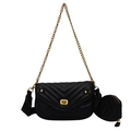 Black V-quilted chain shoulder bag with a round coin purse and gold hardware on white back - One Size / Black