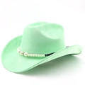 Detail of light green suede cowboy hat with decorative pearl band on white background - M (56-58cm) / Fruit Green