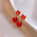 Orecchini a corna di cervo con carattere Fu e perla rossa in finitura dorata festiva - Stile Perla Rotonda Rossa Carattere Fu Corna