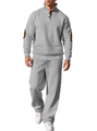 Men's light grey ribbed knit track suit with button collar and elbow patches - S / Gray