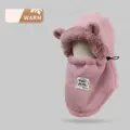 Pink plush balaclava hat with bear ears and soft thermal lining for cold weather - Bear Riding-Pink