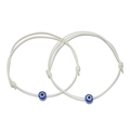 Detail view of two adjustable handmade white rope bracelets with blue evil eye beads - 2Pcs Set/White String (ZJ7766)