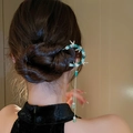 Bamboo style hair pin with green beads and silver tassels on elegant black cheongsam - Bamboo Tassel (26#) / Silver