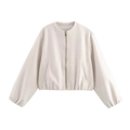 Dettaglio giacca bomber beige con cerniera argento e trama in tessuto tipo lana - S / Bianco latte