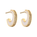 Detailed shot of gold C-shaped earrings with white enamel and pavé cubic zirconia - White