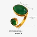 Gold stainless steel adjustable ring featuring dual green oval emerald gemstones - Green