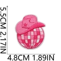 Detail of pink cowgirl hat and disco ball embroidered patch with dimension markings - No.24-Cowboy Hat & Disco Ball