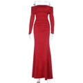Detail of elegant red off-shoulder maxi dress with sophisticated pleated fabric texture - S / Red