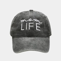 Detail of white mom LIFE embroidery on dark gray washed cotton baseball cap - Army Green