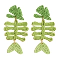 Macro detail of handmade green raffia fishbone earring with gold metallic base - Grass Green Woven Fish Bone Shaped Drop Earrings