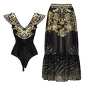 Women black and gold baroque print one-piece swimsuit with matching sheer leopard sarong - S / Ruffle Lace-up One-piece Umbrella Skirt Set