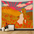 Detail of bohemian tapestry featuring a sun and poppy flower field illustration - AH161249-Poppy Nude Goddess