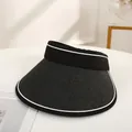Women's black straw woven UV sun hat with open top design and white stripe accent - Black