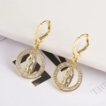 Gold plated Virgin Mary round earrings featuring micro-pave cubic zirconia accents - Stud Earrings-6