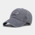 Dettaglio cappello baseball in denim lavato retrò con ricamo batteria all'1 per cento - Regolabile / Grigio