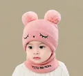 Pink knit baby hat and scarf set with double fur pom-poms and eyelash embroidery - Squinting Set Pink (2 Months - 2 Years)