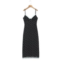Polka dot camisole maxi dress with white lace trim hanging on a wooden hanger - S / Black Polka Dot