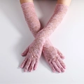 Pink floral lace gloves for women, long semi-sheer mesh style for parties and weddings - Pink 50cm