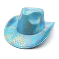 Macro detail of vibrant blue laser cowgirl hat with shiny snake scale texture and large brim - M (56-58cm) / Lake Blue