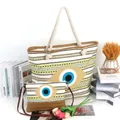 Striped canvas beach bag set with Evil Eye pattern and nautical rope handles - Yellow and White Striped Style (眼睛-8)