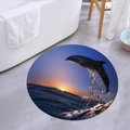 Round ocean-themed bathroom mat with dolphin sunset print on absorbent flannel - 80x80cm / Sunset Dolphin