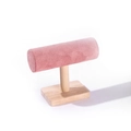 Roze fluwelen T-vormige sieradenhouder met houten voet voor armbanden en horloges - Roze
