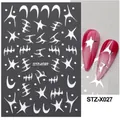 Silver Halloween nail stickers with metallic stars and moon patterns on red nails - STZ-X027 Silver Geometric Star Moon