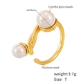 18k gold plated titanium steel ring featuring elegant white glass pearls and size 7 label - US 7 / Gold (Open)