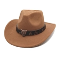 Cappello da cowboy marrone in lana con fibbia a testa di leopardo e fascia in pelle - M (56-58cm) / Cachi