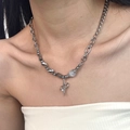 Irregular silver pin necklace with moonstone beads and cross star planet charm - Rhinestone Surrounded Necklace