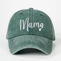 Vintage forest green washed cotton baseball cap with white Mama embroidery and heart - Dark Green