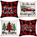 Set of 4 Christmas pillow covers with red buffalo plaid and holiday greetings - Red and Black Buffalo Plaid