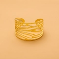 Detail of gold titanium steel open cuff bracelet with hollowed multi-layer bark texture - Gold Hollow Bark Texture Style (HZ47999BW0)