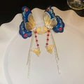 Detail of blue embroidered butterfly earrings with gold tassels and sparkling rhinestones - Dark Blue Woven Butterfly Zircon Tassel Stud Earrings (925 Sterling Silver Earring Post)