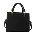 Elegant black faux leather square handbag with gold metal hardware and detachable strap - Black