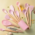 Pink silicone kitchen utensil set with wooden handles and storage bucket 12-piece kit - 14 Pcs Set (810g) / Pink