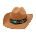 Detail of bohemian cowboy hat with turquoise stones and blue floral embroidery accents - One Size / Camel