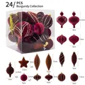 24-piece burgundy Christmas tree ornaments set including velvet stars and ribbed balls - Wine Red Series