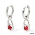 Silver stainless steel hoop earrings with hanging red zircon teardrop pendants - Silver Earrings - Red Zircon (PDE763)
