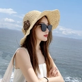 Beige woven sun hat with crochet flower detail and black sunglasses for seaside beach travel - One Size / Two-Tone Two Flowers - Beige