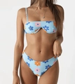 Detail of floral bikini with U-shaped wire and light blue flower print top - S / Flower Style