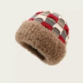 Winter knitted hat with red and grey plaid pattern and thick brown faux fur trim - Color Block Plaid-Brown