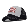 Close-up of the USA flag embroidery on the mesh trucker hat with contrast stitching - Adjustable / USA Flag Black & White