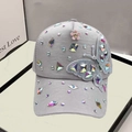 Detail of grey baseball cap with colorful rhinestones, sequins, and 3D crystal butterfly - Adult, Adjustable / Gray