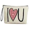 Pochette beige in tela con stampa a cuore I Love U e cinturino da polso nero - Beige I Heart U