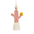 Pink and white handmade crochet cactus keychain with wood beads and tassel fringe - Pink