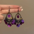 Detailed close-up of violet floral tassel earrings with micro beads and silver needle studs - Purple Flower (21# Ear Hook)