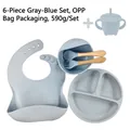 Gray-blue 6-piece silicone baby feeding set with suction plate bowl bib and cup - 6-Piece Set with Wooden Handle Cutlery / Grey Blue