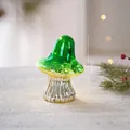 Luminous green glass mushroom ornament with gold glitter and silver base, height 15cm - Pointy Mushroom Shape / Green Pointy Mushroom